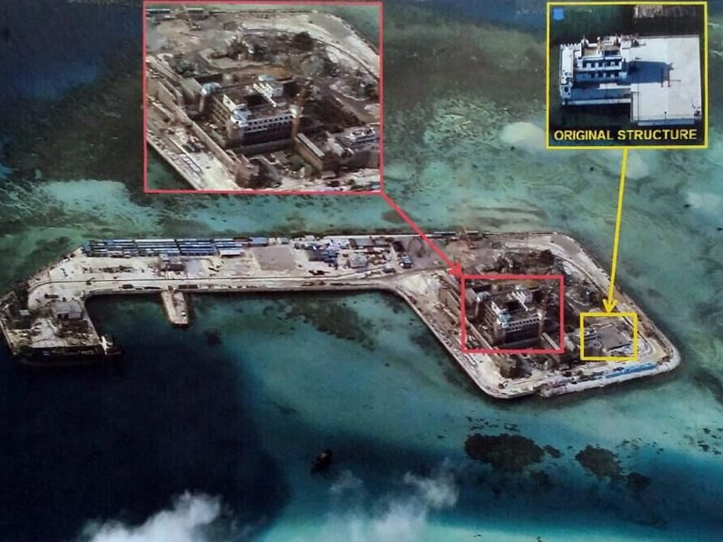 Aufwendige Militäranlagen am Chigua-Riff, das zu den umstrittenen Spratly-Inseln gehört. Foto: Philippinische Armee/Archiv