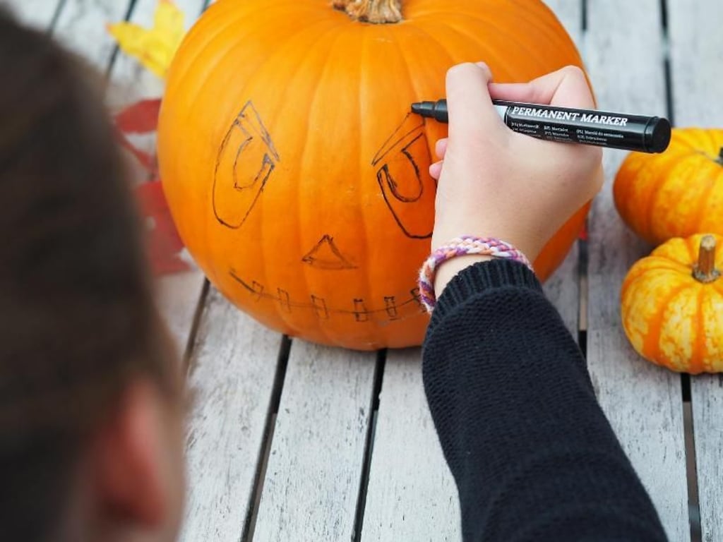 Mit einem wischfesten Stift zeichnet man die Konturen auf den Kürbis. Foto: Patricia Wons/www.moms-blog.de