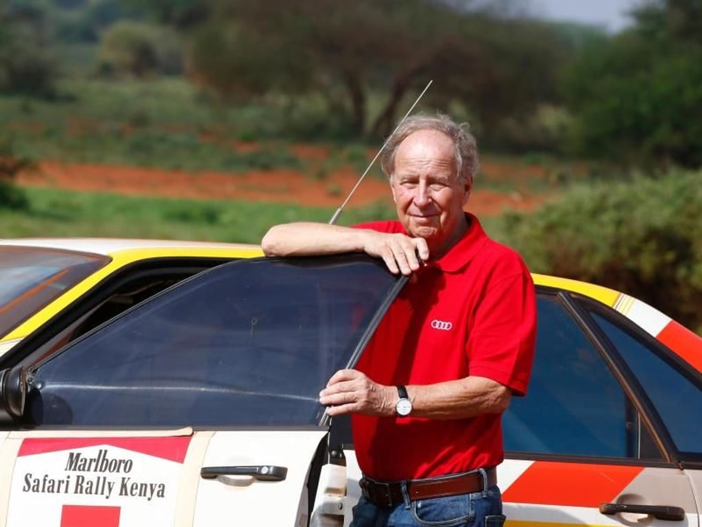 Zurück am Steuer: Rallyefahrer Hannu Mikkola gewann 1987 mit dem Audi 200 die Safari-Rallye. Foto: McKlein/Audi AG