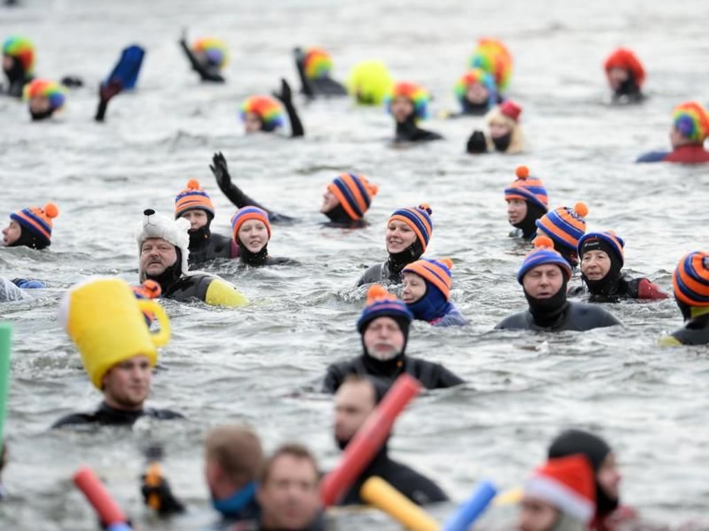 Die Teilnehmer des Donausschwimmens springen kostümiert ins kühle Nass. Foto: Andreas Gebert