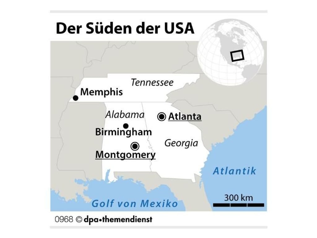 Vier Städte in drei US-Bundesstaaten: Eine rund 800 Kilometer lange Reise auf Martin Luther Kings Spuren führt nach Atlanta, Montgomery, Birmingham und Memphis. Foto: dpa-infografik