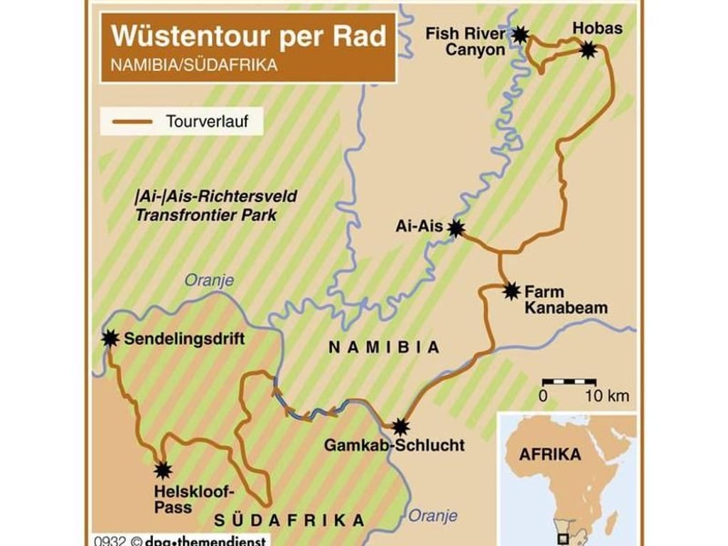 Der Nationalpark «/Ai/Ais-Richtersveld Transfrontier Park» ist Austragungsort der sechstägigen Fahrradtour Desert Knights - die Reise führt durch spektakulär einsame Landschaften. Foto: dpa-infografik