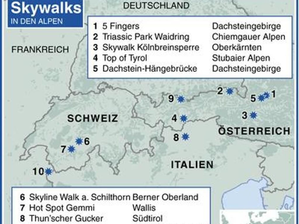 Skywalks sind populäre touristische Attraktionen, die Fernblick und Nervenkitzel bieten. In den Alpen gibt es schon jede Menge dieser luftigen Aussichtsplattformen - hier eine Auswahl. Foto: dpa-infografik