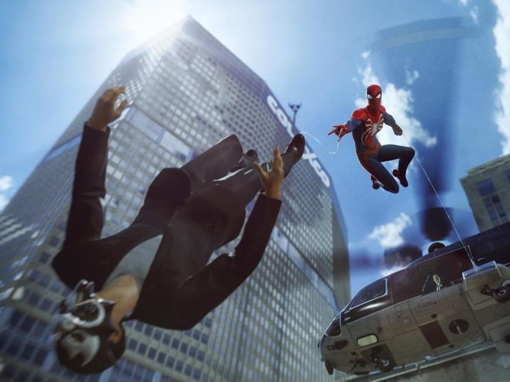 Aus dem Hubschrauber in Richtung Boden. Die Superfertigkeiten von Spider-Man kommen ihm in den Kämpfen gut gelegen. Foto: 2018 Marvel/Sony Interactive Entertainment