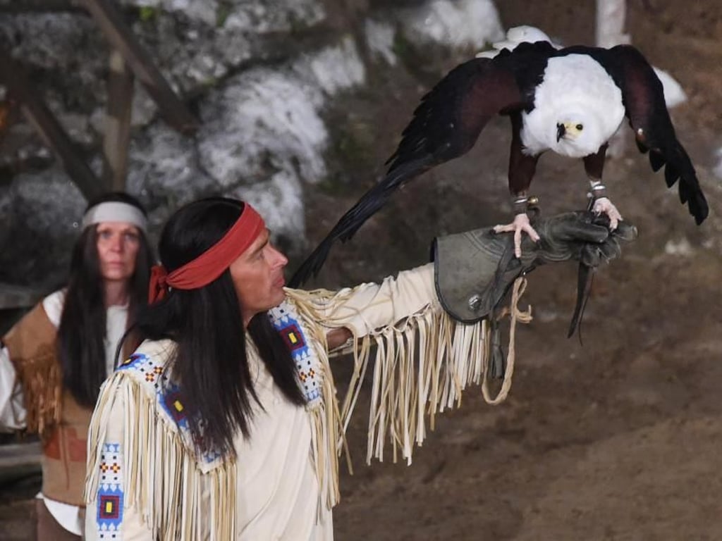 Ein afrikanischer Schreiseeadler auf dem Arm von Schauspieler Jan Sosniok als Apachenhäuptling Winnetou in Bad Segeberg. Foto: Marcus Brandt