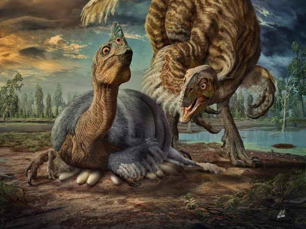 Die Illustration zeigt ein Pärchen der Dinosaurier-Art Beibeilong, das Weibchen ist am brüten. Foto: Zhao Chuang