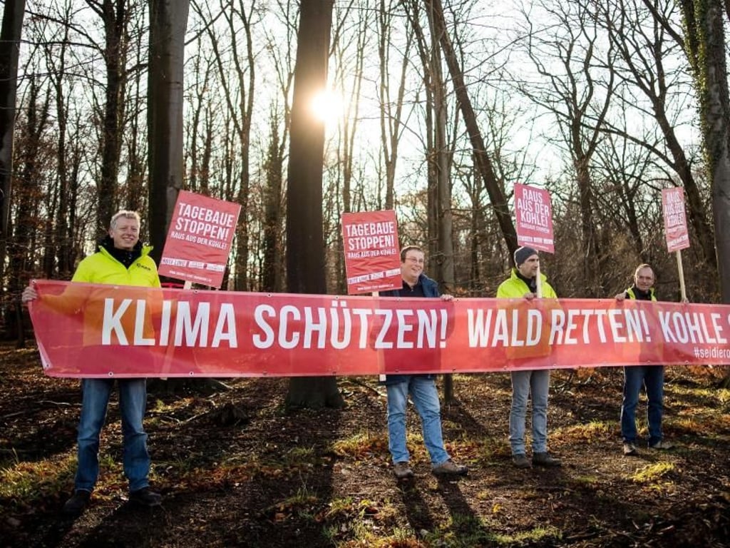 Umweltschützer des Bunds für Umwelt und Naturschutz (BUND) demonstrieren im Hambacher Forst. Foto: Marius Becker/Illustration