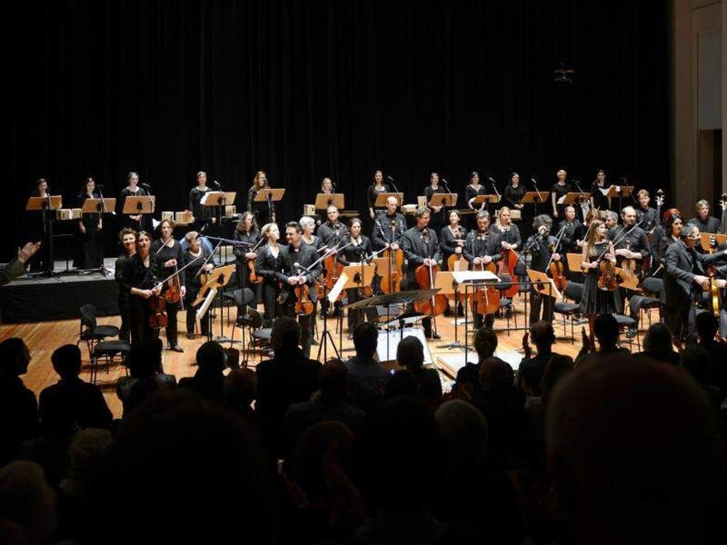 Die Dresdner Sinfoniker nach der Aufführung im Schauspielhaus Hellerau in Dresden. Foto: Martin Morgenstern