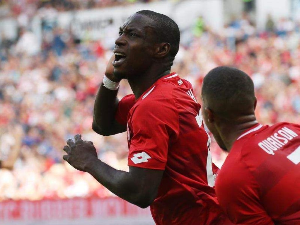 Der Mainzer Anthony Ujah jubelt nach seinem Treffer zum 1:0. Foto: Thomas Frey