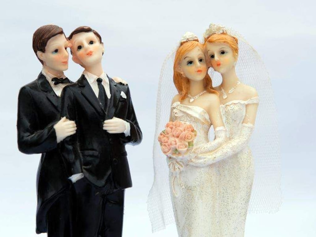 Gleichgeschlechtliche Brautpaare als Tortenfiguren: Die Ehe für alle tritt am 1. Oktober in Kraft. Foto: Sebastian Kahnert/Illustration