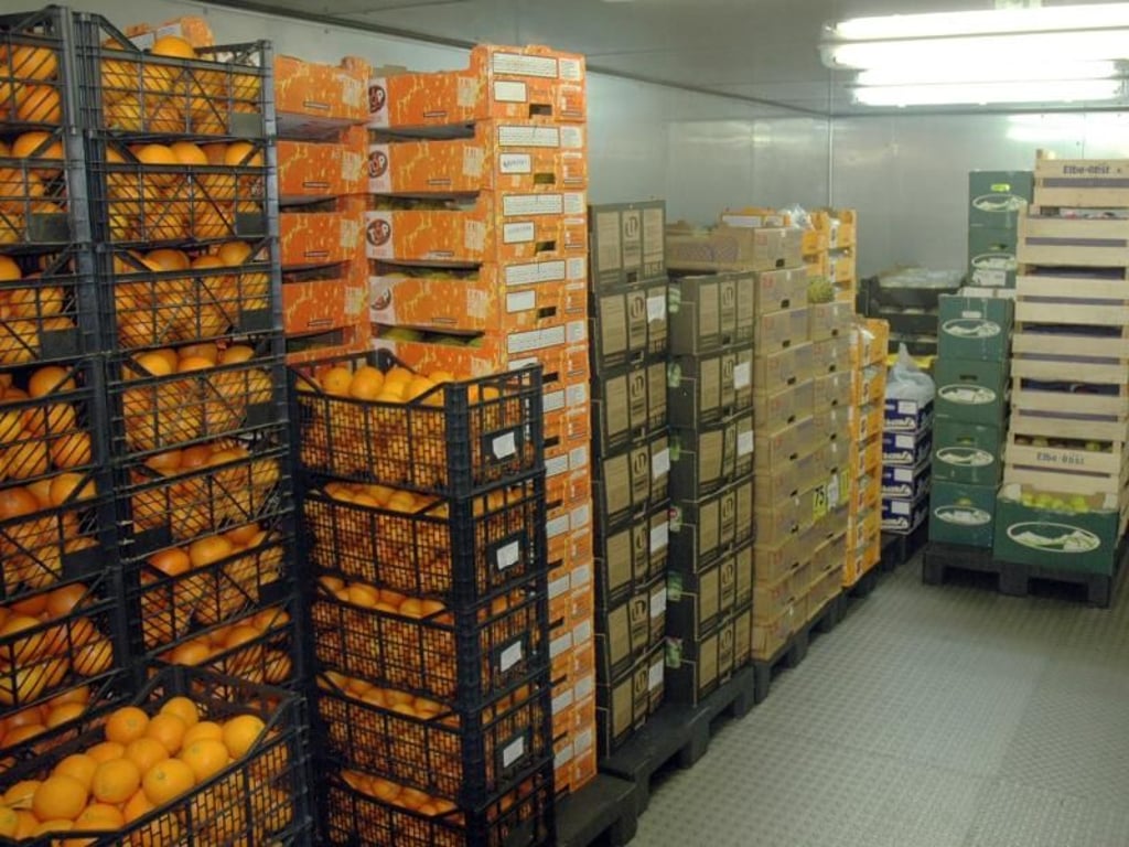 Kistenweise Obst: Viele Lebensmittel kommen per Container aus Hamburg auf die Kreuzfahrtschiffe der Aida-Flotte. Obst wird teilweise vor Ort eingekauft. Foto: Michael Zehender
