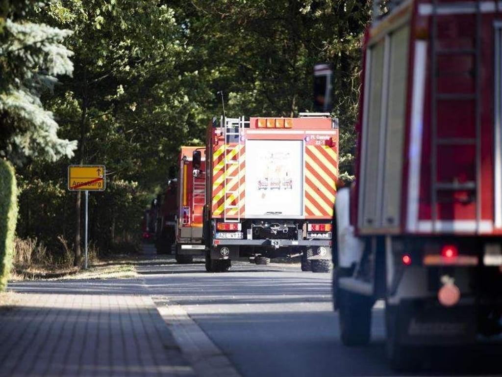 Feuerwehrleute kommen zu einem Großbrand im Waldgebiet Annaburger Heide bei Wittenberg. Foto: Alexander Prautzsch