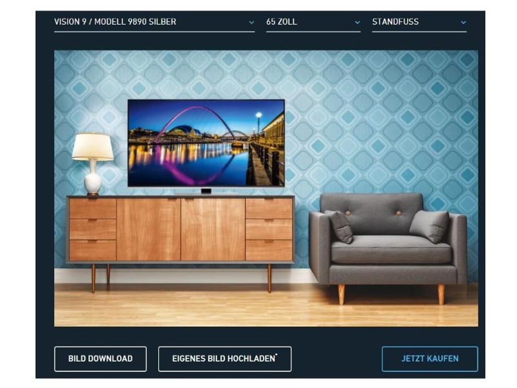 Grundig bietet ein Onlinetool zum Zusammenstellen eines Wunsch-TVs an. Hier lassen sich auch Bilder der eigenen vier Wände hochladen, um auszuprobieren, wie eine bestimmte Konfiguration später aussehen würde. Foto: Grundig