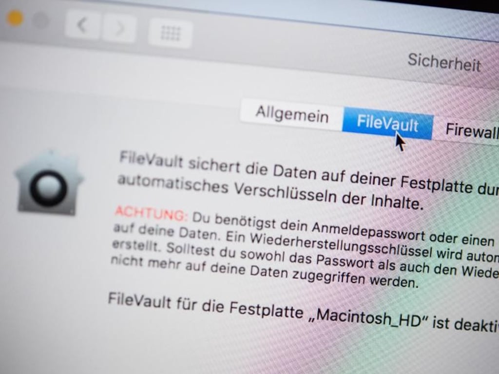 Sicher verschlüsseln mit File Vault. Das Programm ist in MacOS integriert. Foto: Robert Günther