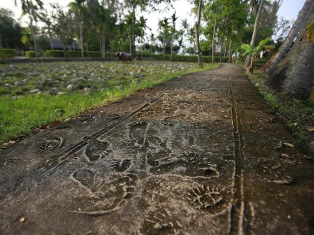 Die rekonstruierten Fußabdrücke von vietnamesischen Dorfbewohnern und US-Soldaten sind Teil des Mahnmals für das Massaker von My Lai. Foto: Hau Dinh/AP