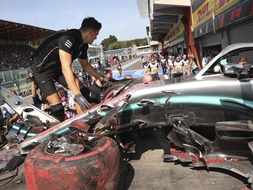 Der Mercedes von Lewis Hamilton nach dessen Unfall in Spa. Foto: Francisco Seco/AP