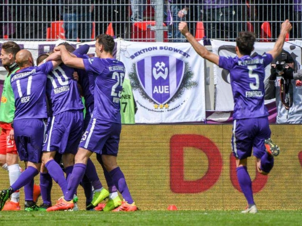 Die Mannschaft von Aue feiert den Sieg über Jahn Regensburg. Foto: Armin Weigel