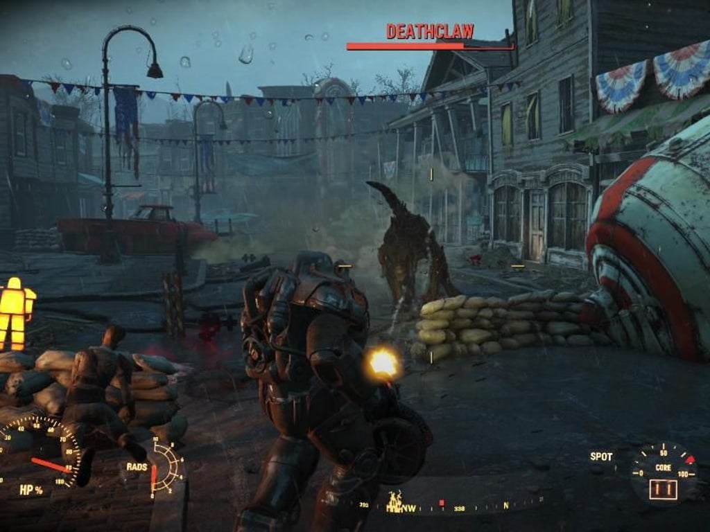 Anfangs nur mit einem blau-gelben «Vault-Anzug» bekleidet, kann der Spieler im Laufe der Zeit auch mächtige Rüstungen und Waffen erwerben. Screenshot: Bethesda Foto: Bethesda