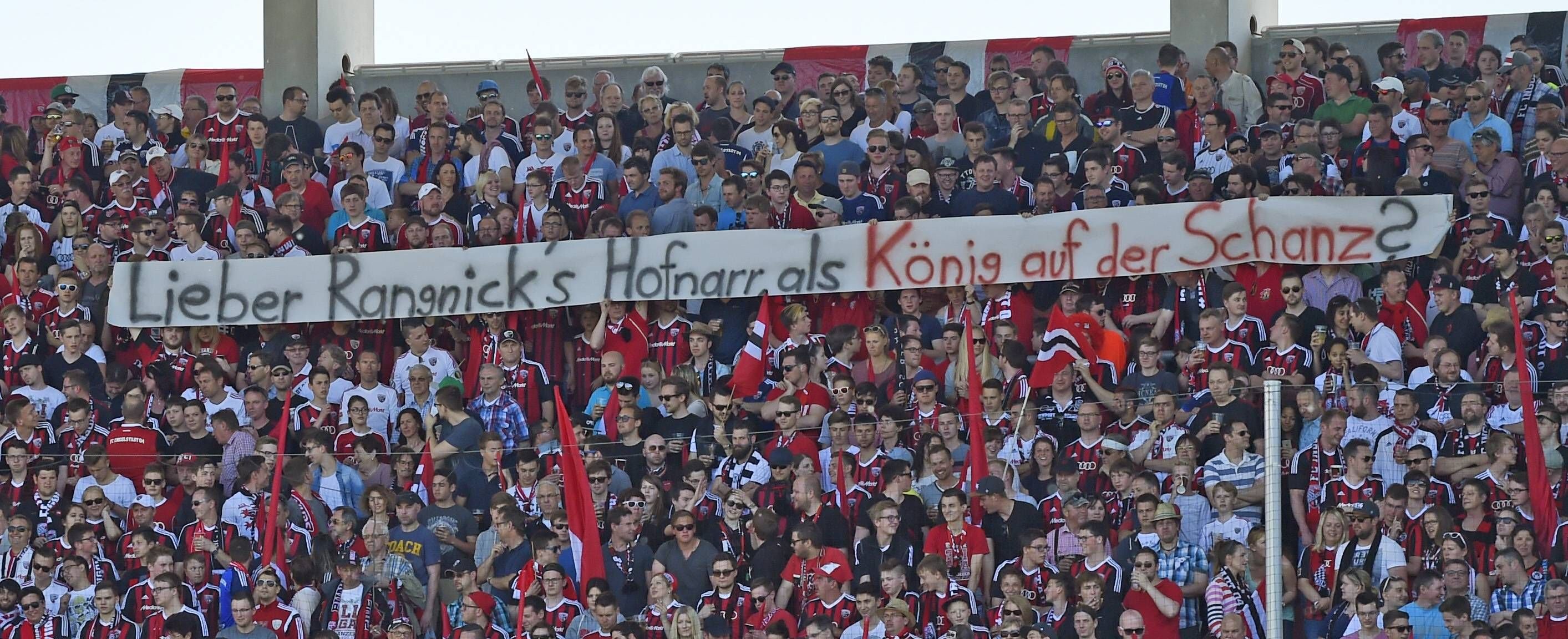 "Lieber Rangnicks Hofnarr, als König auf der Schanz?" - Spruchband gegen den Wechsel von Ralph Hasenhüttl.&nbsp;