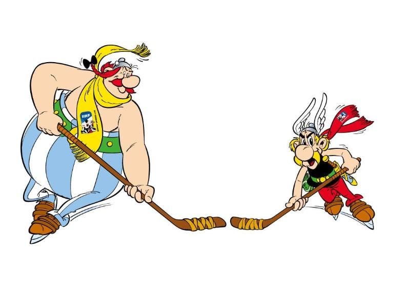 Asterix und Obelix sind die offiziellen Maskottchen der Eishockey-WM 2017. Quelle: LES EDITIONS ALBERT RENE / OSCINNY-UDERZO/IIHF Foto: