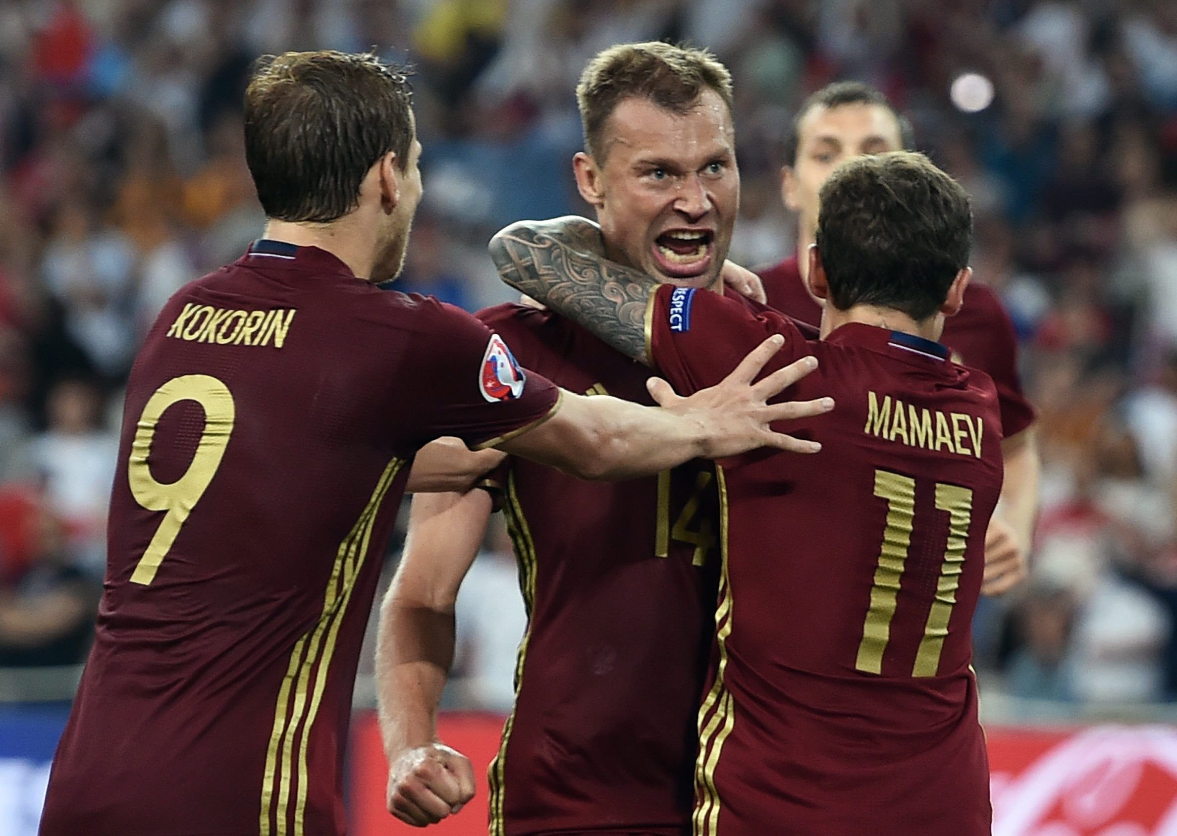 Die russischen Spieler Aleksandr Kokorin, Vasili Berezutski and Pavel Mamaev (von links nach rechts)