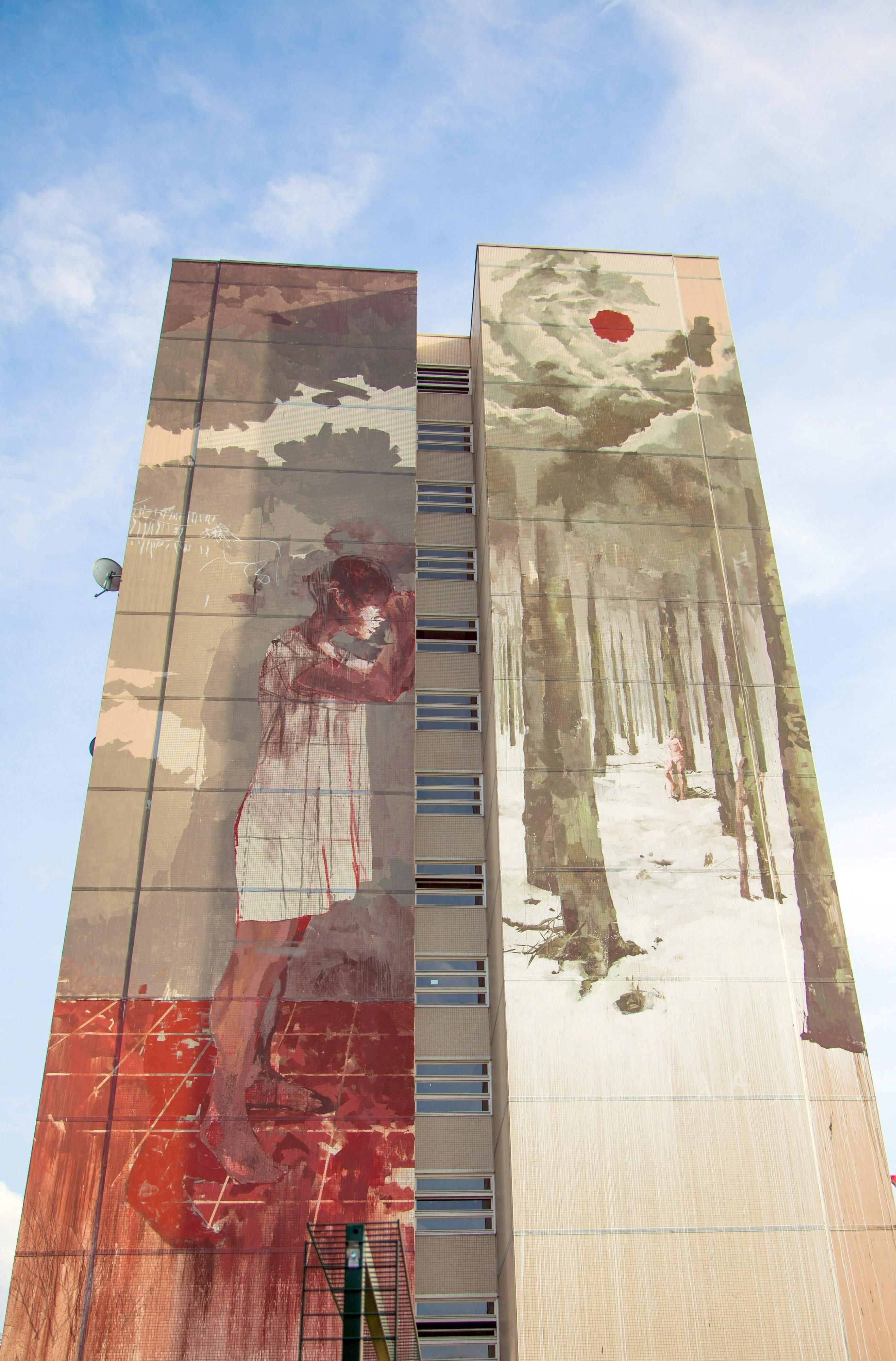 42 Meter hoch: das Wandgemälde des spanischen Künstlers Borondo in Tegel.