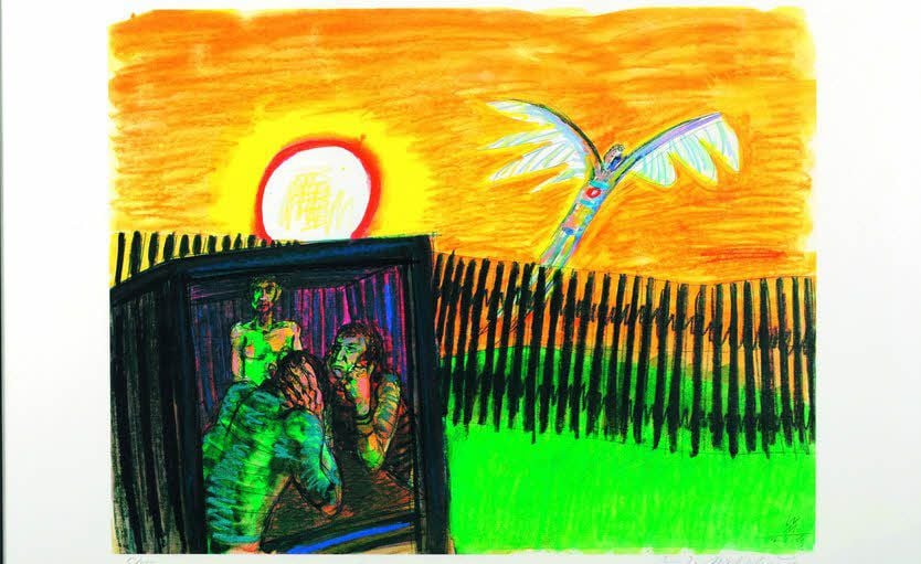 Das Bild ist ebenfalls von Mattheuer und heißt „Der Nachbar der will fliegen.“
