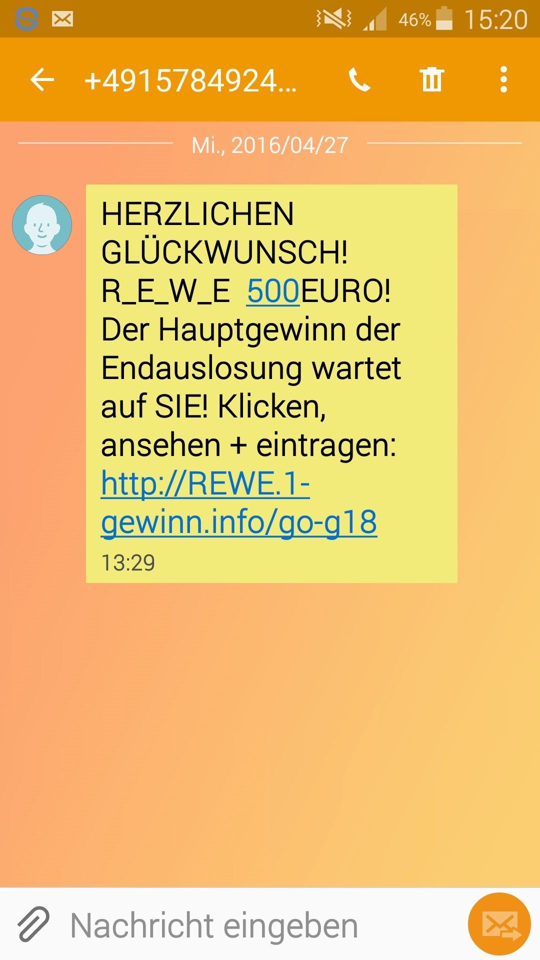 Eine SMS-Nachricht verspricht einen 500-Euro-Gewinn von Rewe. Dabei handelt es sich allerdings um eine miese Abzock-Masche, um an Ihre Daten zu gelangen.
