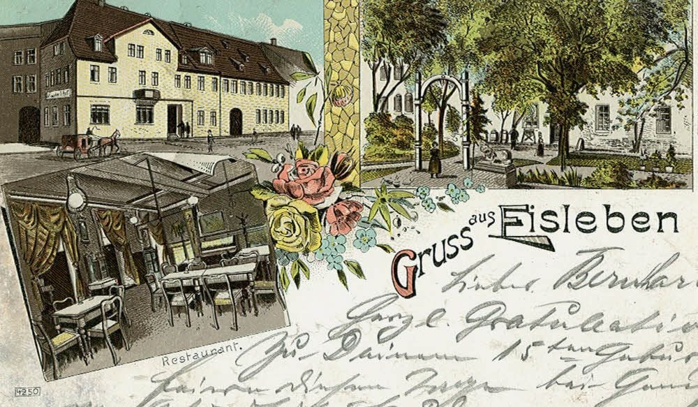 Das Hotel „Goldenes Schiff“ in Eisleben am Plan um das Jahr 1900 oder früher. Die Toreinfahrt am Plan 7 ist gut zu erkennen.