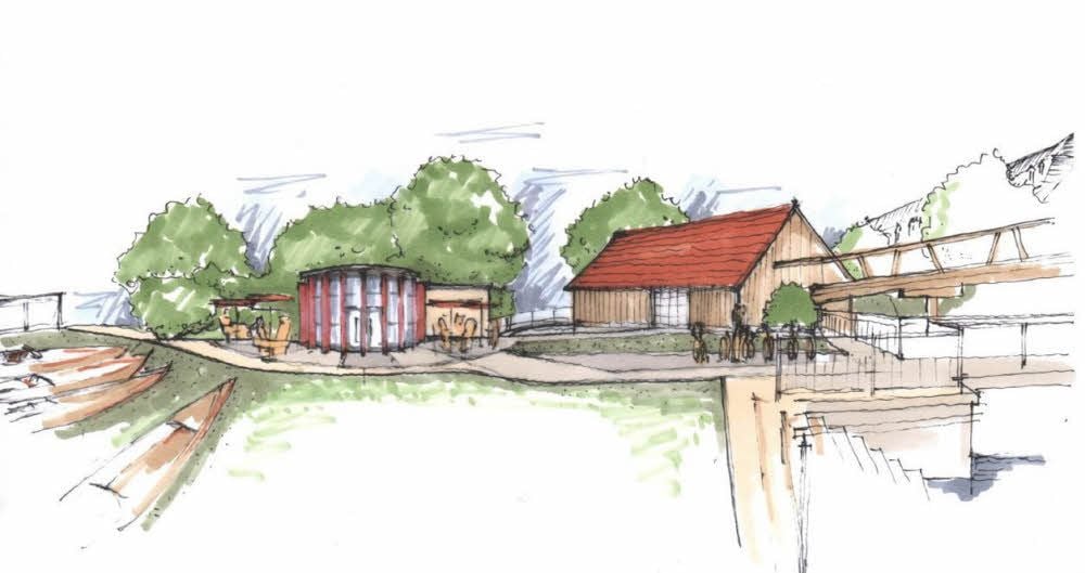 Der Entwurf zeigt den geplanten Pavillon im Ensemble der Bad Kösener Radinsel. Der Neubau könnte das bisherige Eiscafé ersetzen.