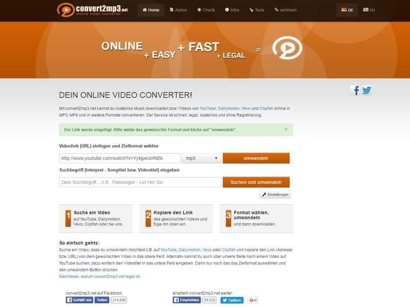 Der Onlinedienst «convert2mp3.net» verwandelt die Audiospur von Musikvideos in Formate wie MP3, WMA, MP3 oder AVI. Foto: www.convert2mp3.net