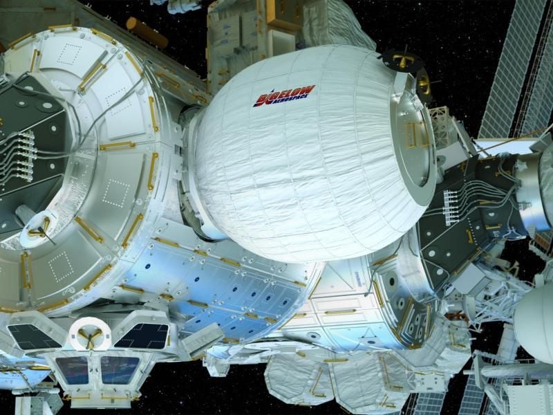 Eine computeranimierte Illustration zeigt das aufblasbare Wohnmodul - Bigelow Expandable Activity Module (BEAM) genannt - an der Internationalen Raumstation ISS. Foto: Bigelow Aerospace/NASA
