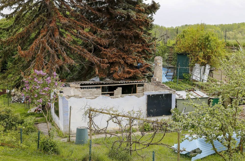 Diese abgebrannte Laube ist nur noch eine Ruine ohne Dach. Die braunen Zweige der Bäume zeigen, wie hoch die Flammen schlugen.