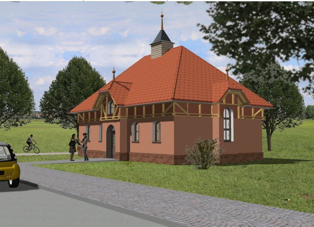 Der Neubau des Toilettenhäuschens des orientiert sich mit den historisierenden Elemente wie Dachspitzen, Dachlaterne und Holzfachwerk am historischen Vorbild.
