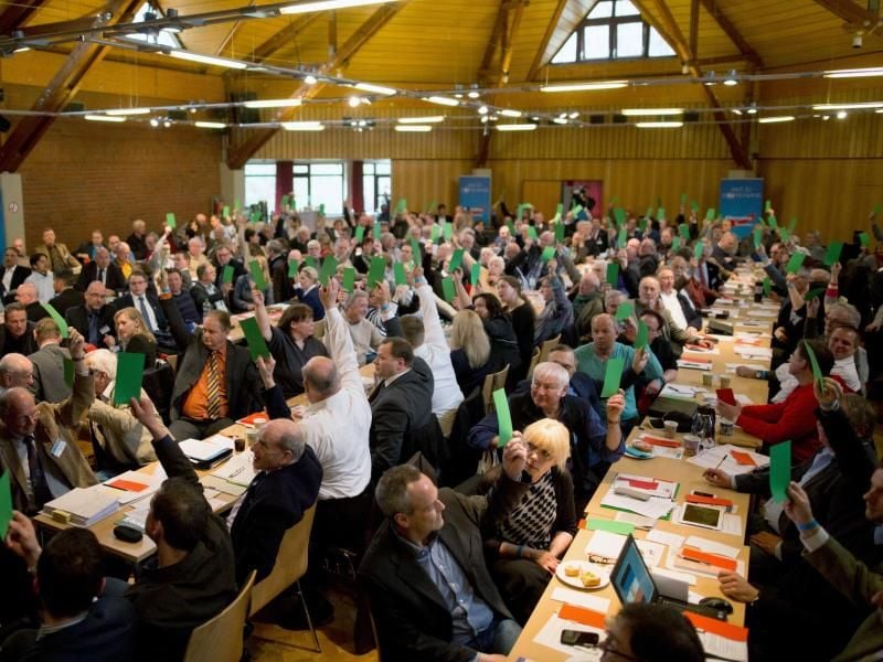 Delegierte der AfD Schleswig-Holstein heben Stimmzettel in die Höhe. Foto: Axel Heimken