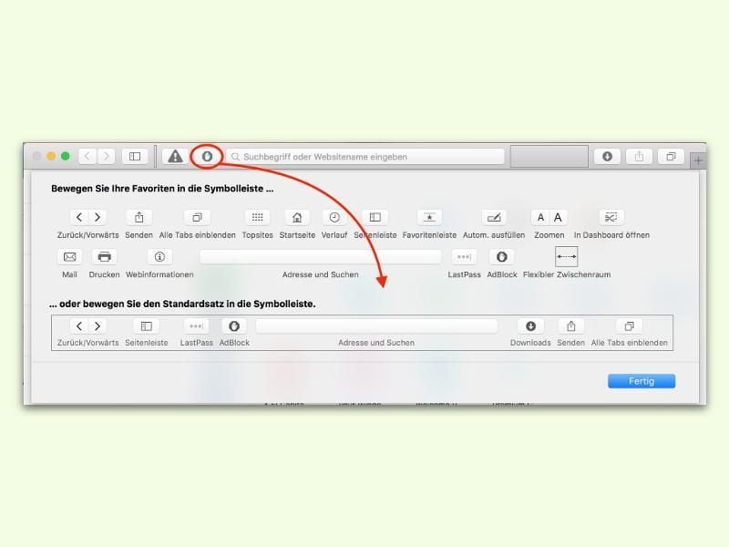 Manche Symbole im Safari-Browser sind überflüssig. Über die Menü-Funktion «Symbol-Leiste anpassen ...» können sie ganz einfach entfernt werden. Foto: dpa-infocom