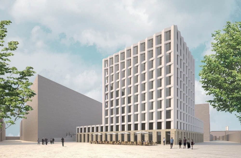 So könnte das neue Hotel aussehen, dass die HWG bis Herbst 2018 am Riebeckplatz bauen möchte.