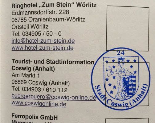 Diesen Stempel gibt es in der Coswiger Tourist- und Stadtinformation.