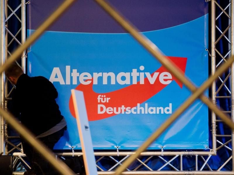 AfD-Banner vor einem Gerüst. Foto: Julian Stratenschulte/Archiv