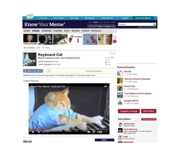 Keyboard Cat ist eines der bekannteren Internet Memes. Die 1984 gefilmte Katze erlangte 2009 schlagartig Ruhm im Netz. Screenshot: knowyourmeme.com Foto: Knowyourmeme.com