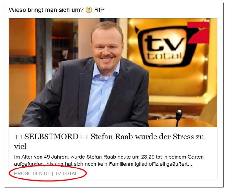 Diese Meldung bei Facebook über den angeblichen Selbstmord von Stefan Raab ist ein Fake.