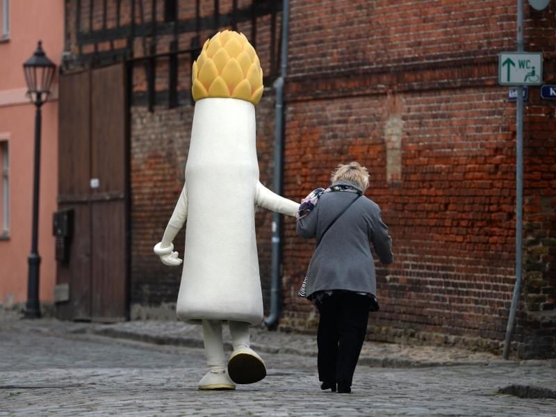 Die besondere Liebe zum Spargel äußert sich bei den Beelitzern durch ihr Maskottchen «Spargolino». Foto: Ralf Hirschberger