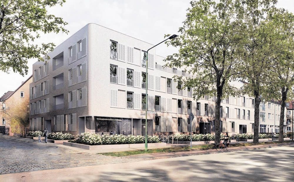 So soll die Gropiusallee 53 bis 55 künftig aussehen. Der „Bauhausblick“ wurde vom Berliner Architekturbüro „Heide & von Beckerath“ entworfen - und mit dem Beirat für Stadtgestaltung abgestimmt.
