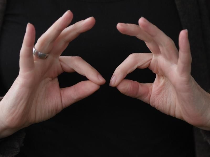 Eine Gebärdendolmetscherin zeigt mit ihren Fingern das Wort "regelmäßig" in Gebärdensprache. Foto: Arne Dedert