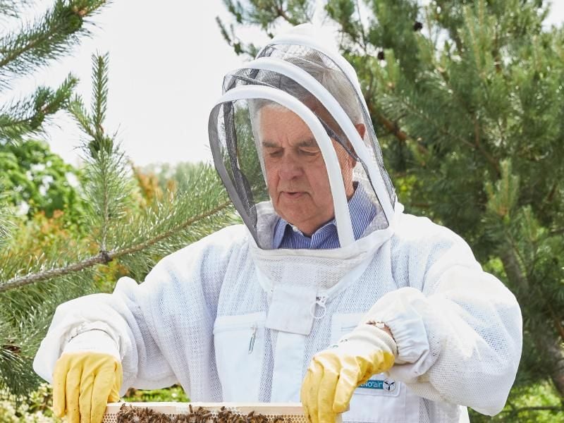 Frank Horch (parteilos), Senator für Wirtschaft, Verkehr und Innovation in Hamburg, hält eine Bienenwabe. Foto: Georg Wendt(Archiv