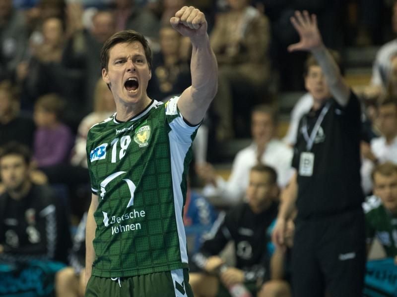 Berlins Hans Lindberg bejubelt einen Treffer und war mit sieben Treffern der erfolgreichste Werfer seines Teams. Foto: Soeren Stache