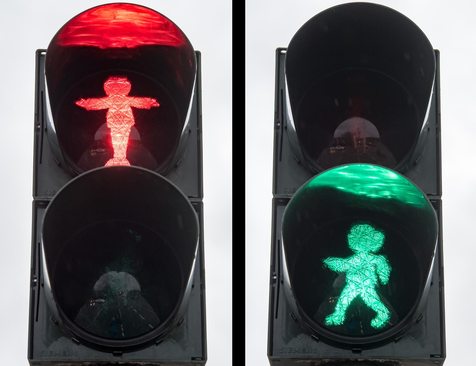 Die zwei Fotos zeigen eine "Vater und Sohn"-Ampel im Zentrum von Plauen.