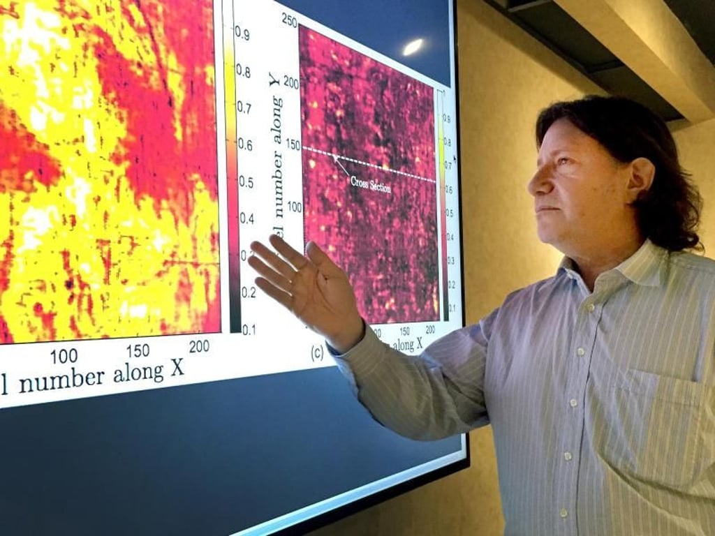 David Citrin vom Georgia Institute of Technology in Atlanta neben Bildern, die mit Hilfe von sogenannter Terahertz-Spektroskopie produziert wurden. Foto: John Toon/Georgia Tech