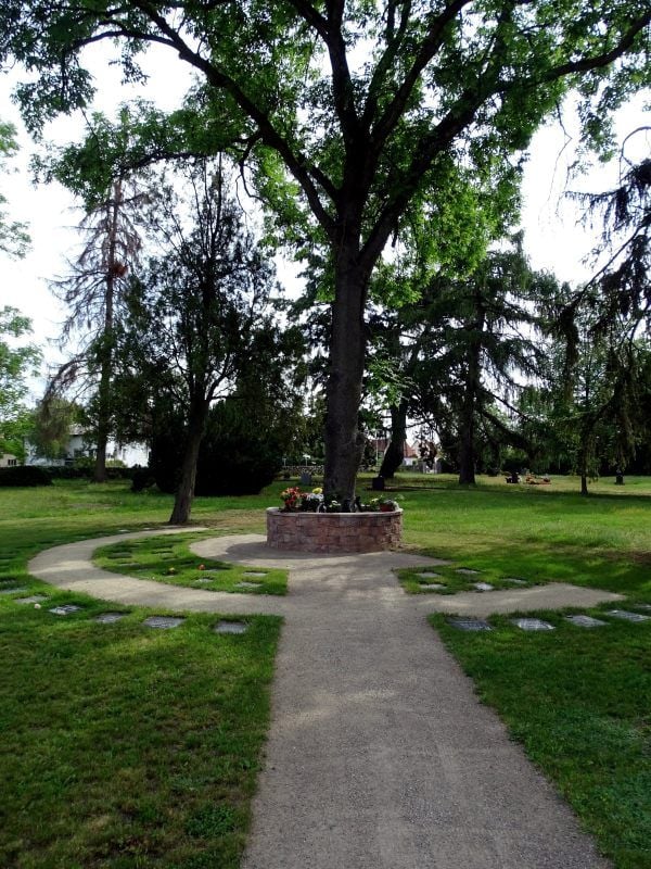 Das Urnenfeld mit Grabplatten auf dem Zahnaer Friedhof