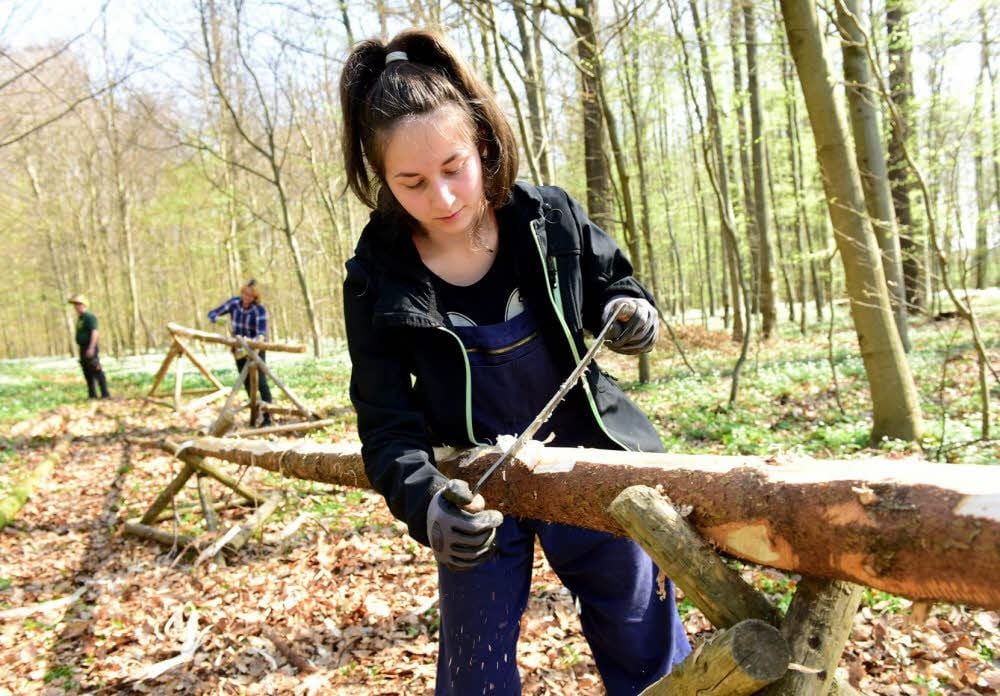 Marie-Luise entrindet einen Fichtenstamm, der später zum Bau eines Ansitzes vewendet werden soll.